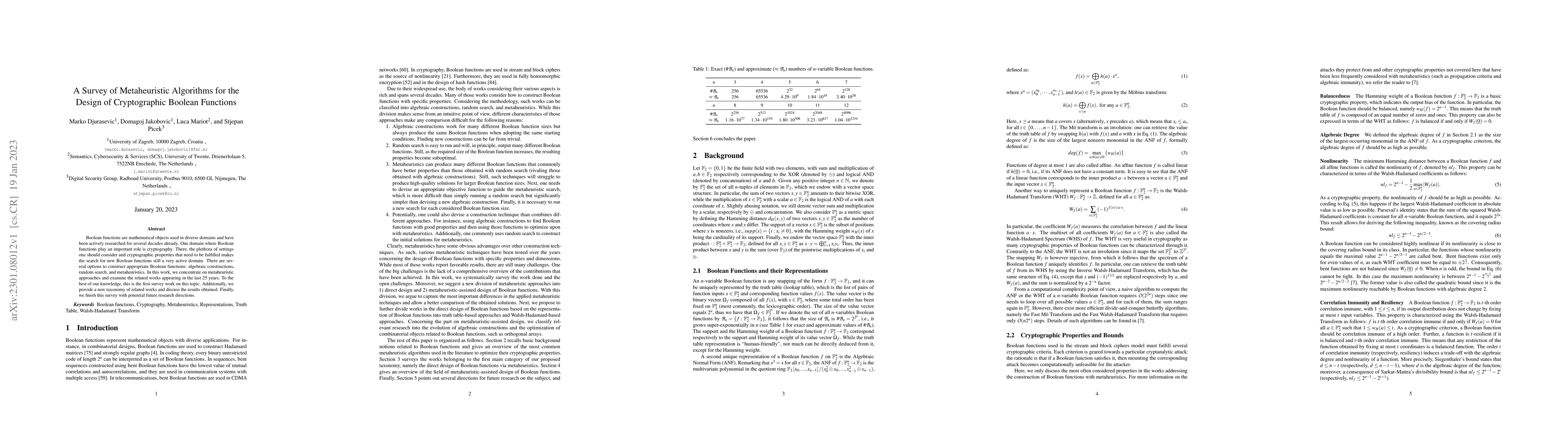 Thumbnail for A Survey of Metaheuristic Algorithms for the Design of Cryptographic
  Boolean Functions