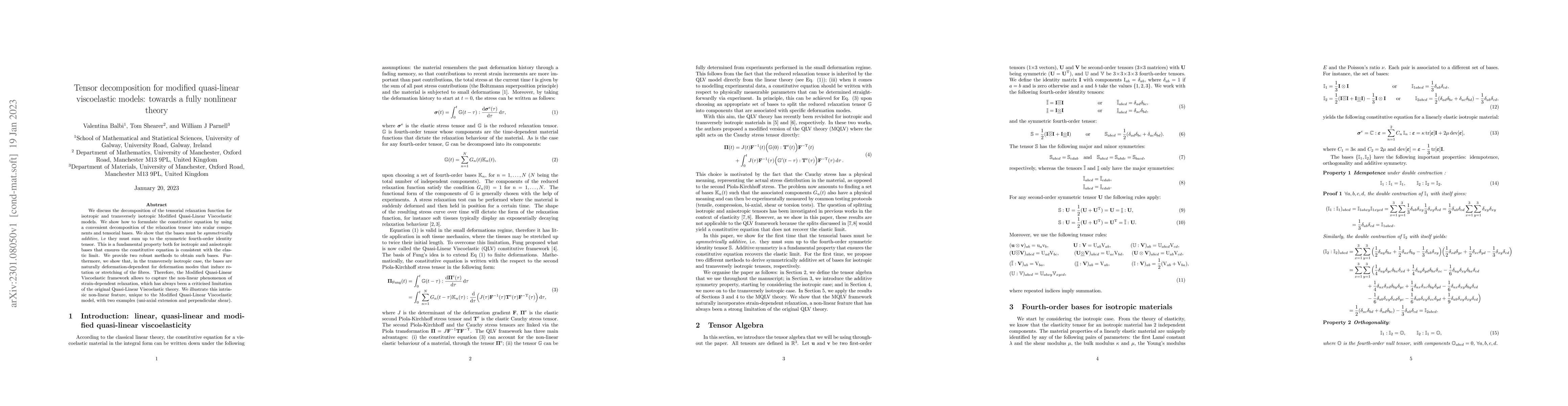 Thumbnail for Tensor decomposition for modified quasi-linear viscoelastic models:
  towards a fully nonlinear theory