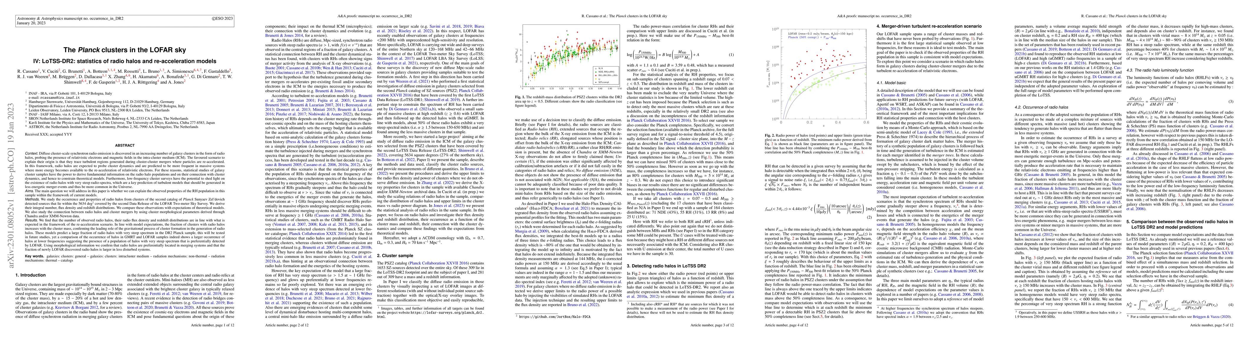Thumbnail for The Planck clusters in the LOFAR sky: IV: LoTSS-DR2: statistics of radio
  halos and re-acceleration models