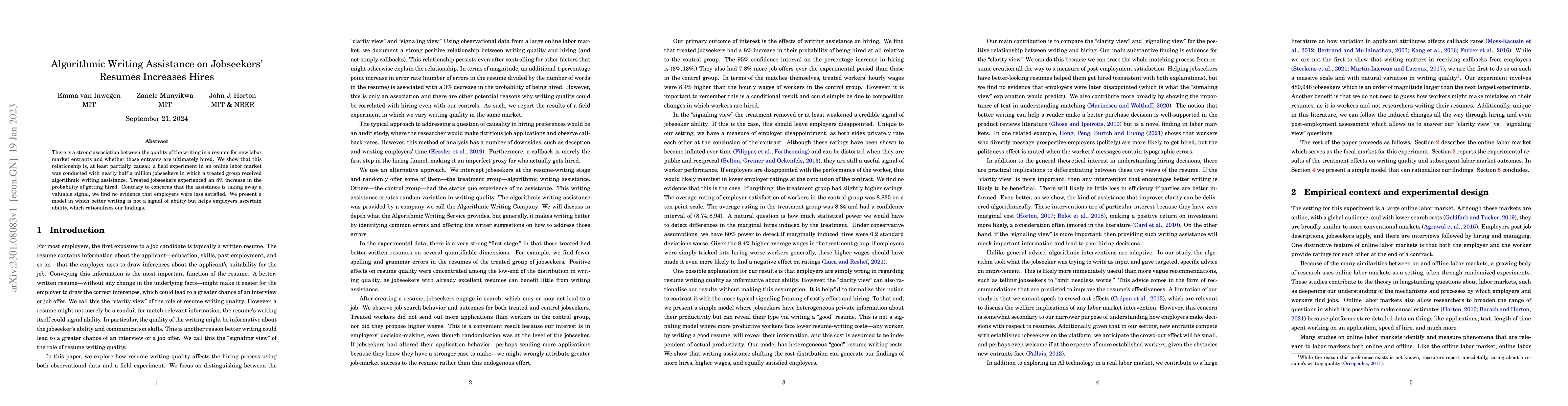 Thumbnail for Algorithmic Writing Assistance on Jobseekers' Resumes Increases Hires