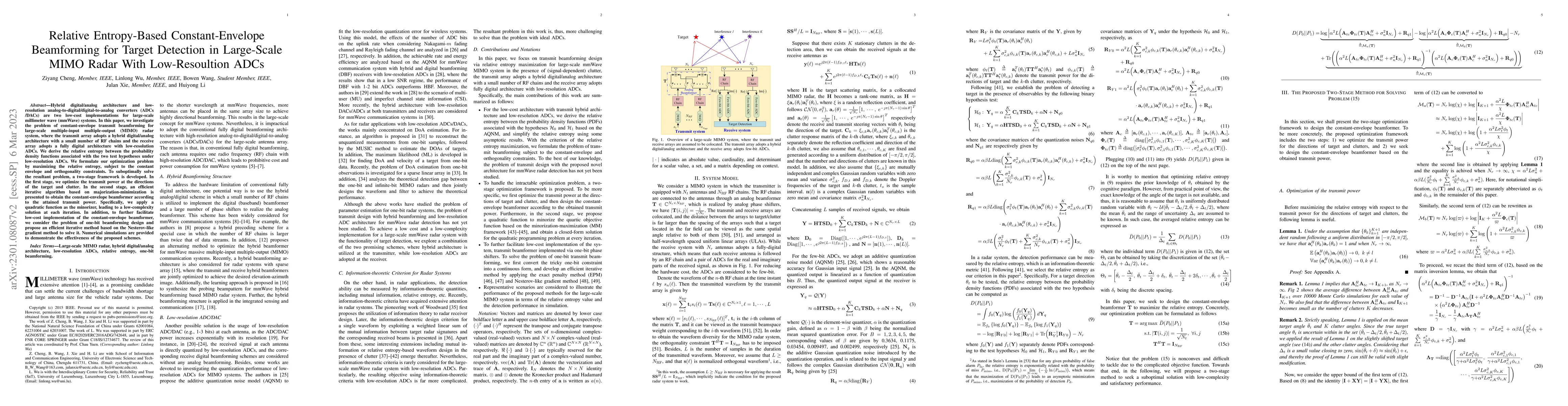 Thumbnail for Relative Entropy-Based Constant-Envelope Beamforming for Target
  Detection in Large-Scale MIMO Radar With Low-Resoultion ADCs