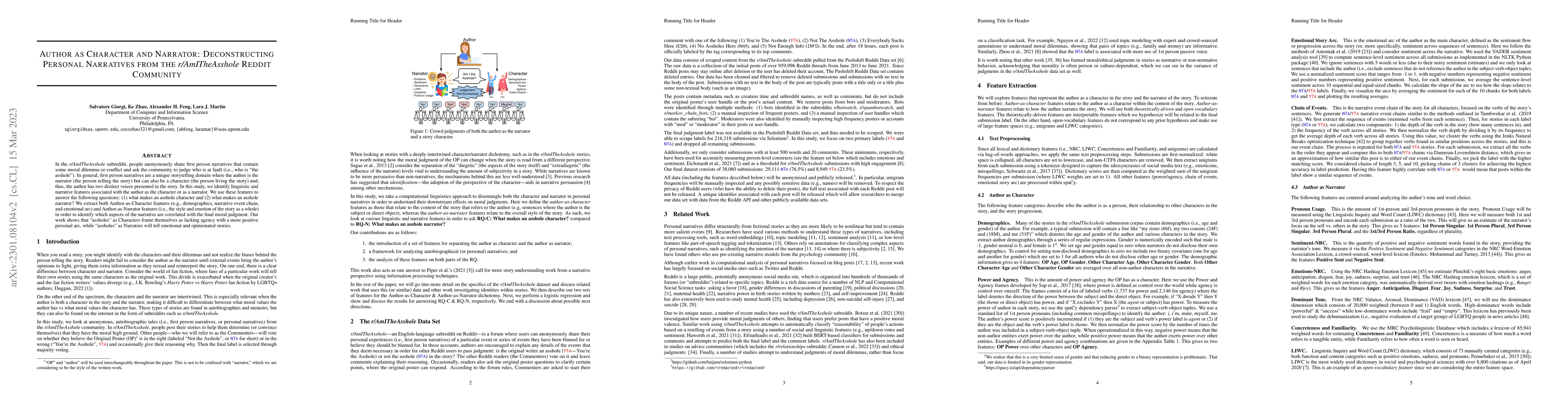 Thumbnail for Author as Character and Narrator: Deconstructing Personal Narratives
  from the r/AmITheAsshole Reddit Community