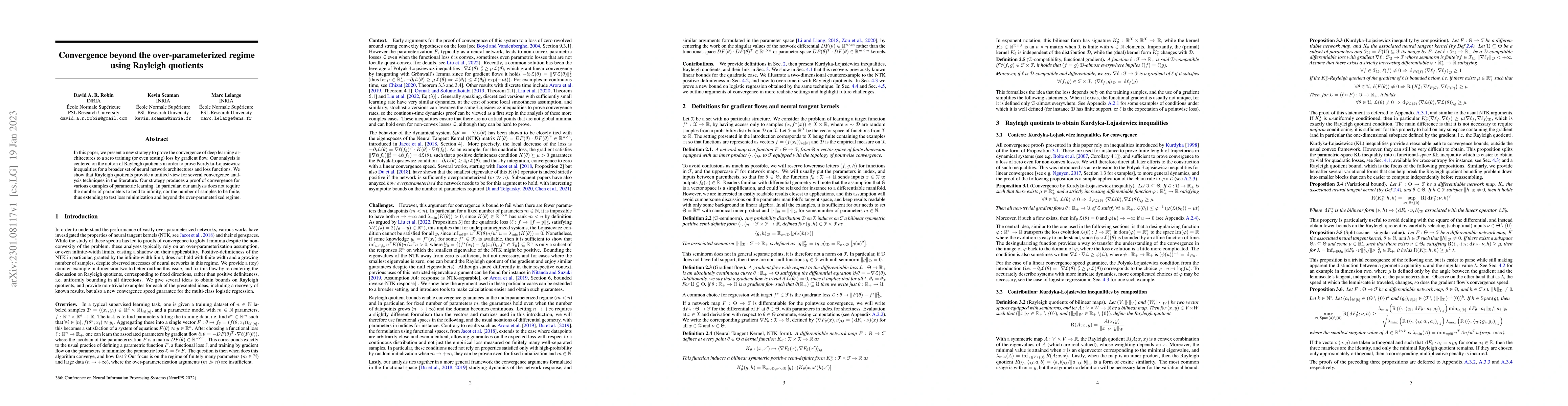 Thumbnail for Convergence beyond the over-parameterized regime using Rayleigh
  quotients