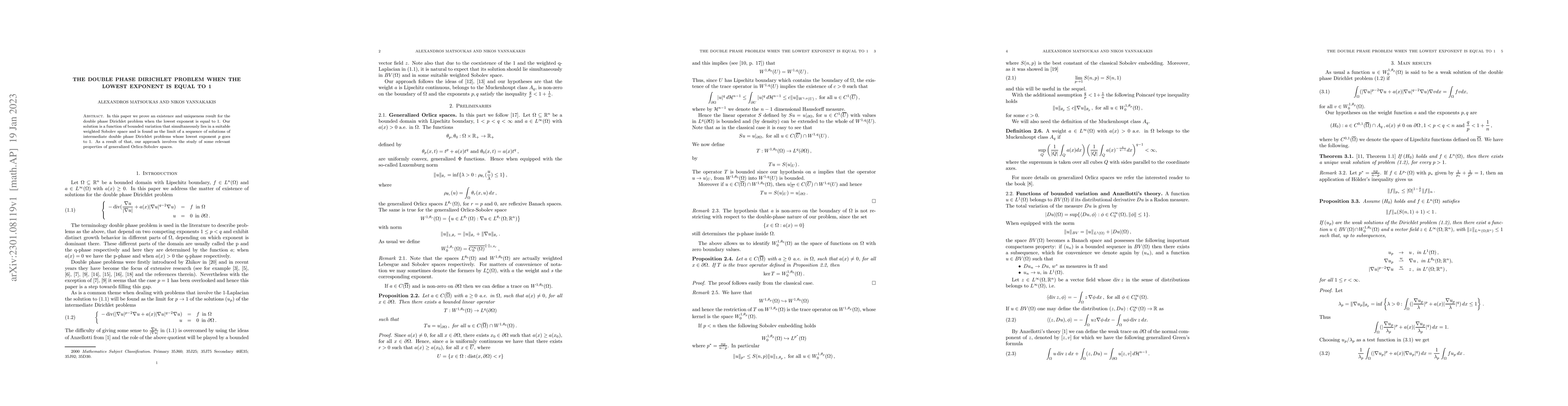 Thumbnail for The double phase Dirichlet problem when the lowest exponent is equal to
  1