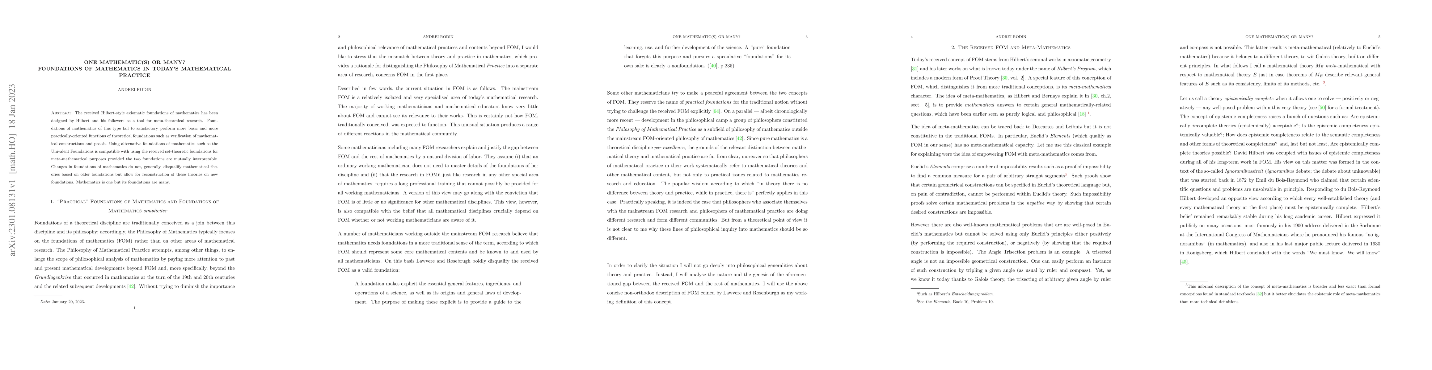 Thumbnail for One Mathematic(s) or Many? Foundations of Mathematics in Today's
  Mathematical Practice