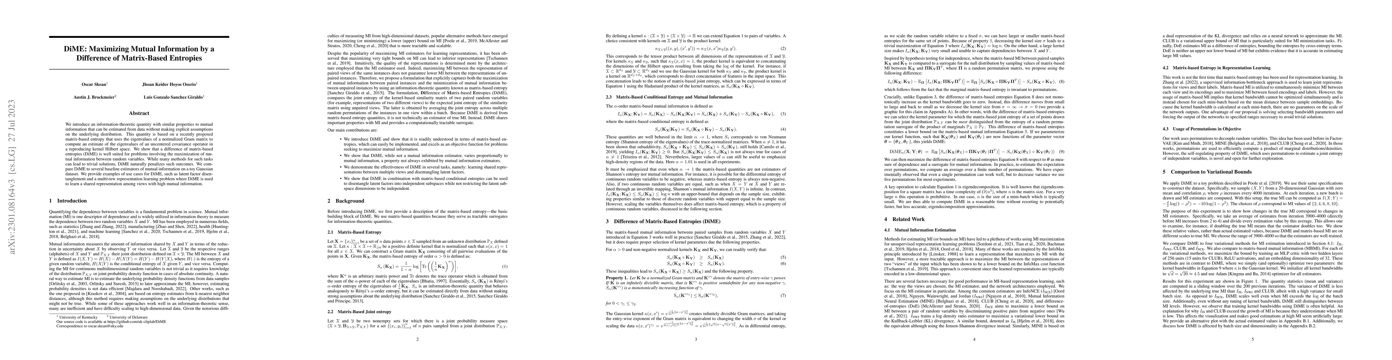 Thumbnail for DiME: Maximizing Mutual Information by a Difference of Matrix-Based
  Entropies