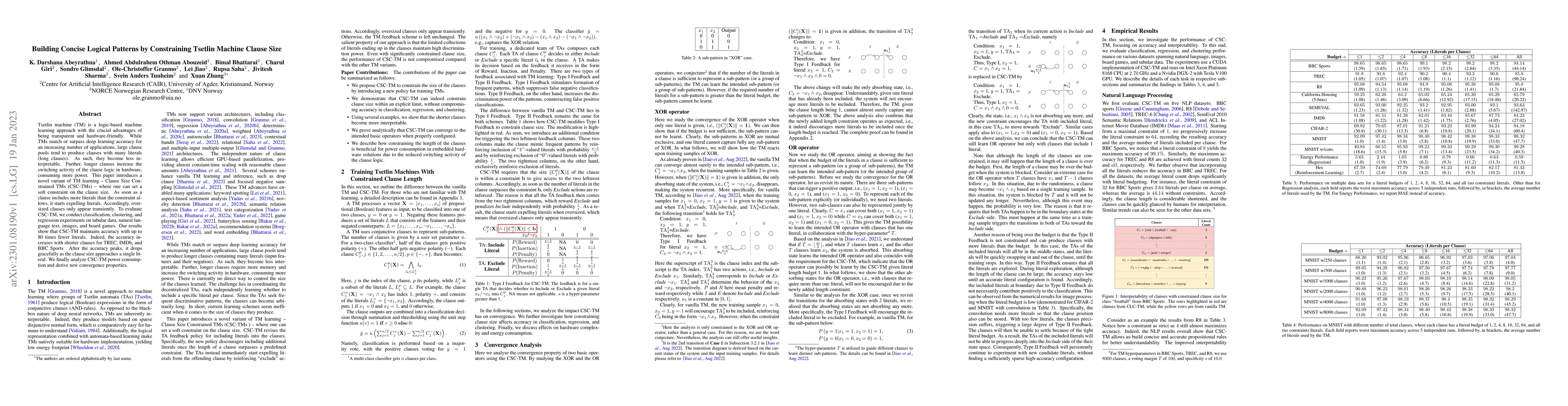 Thumbnail for Building Concise Logical Patterns by Constraining Tsetlin Machine Clause
  Size