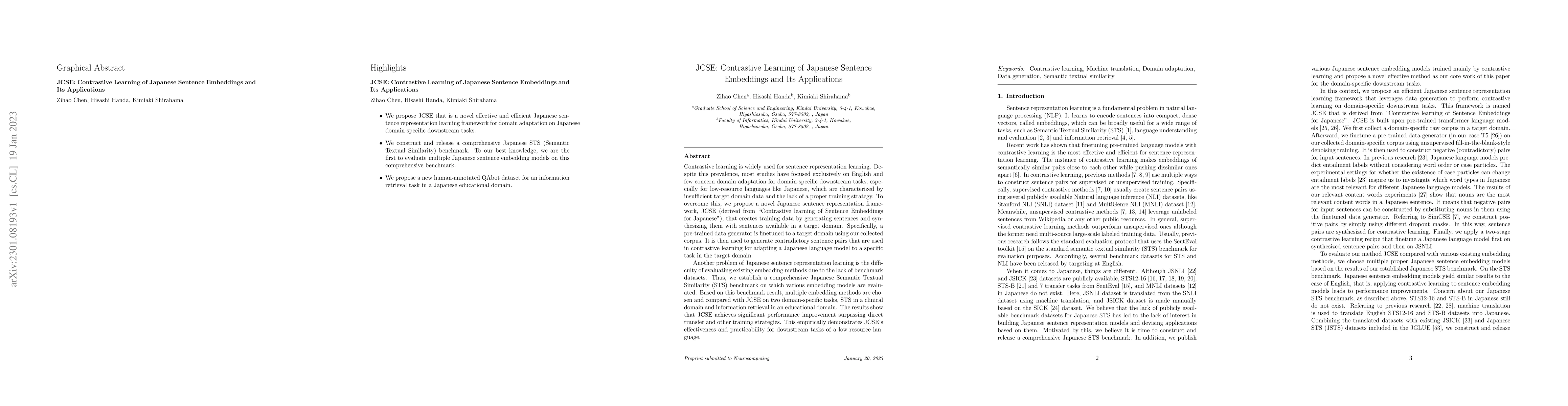 Thumbnail for JCSE: Contrastive Learning of Japanese Sentence Embeddings and Its
  Applications