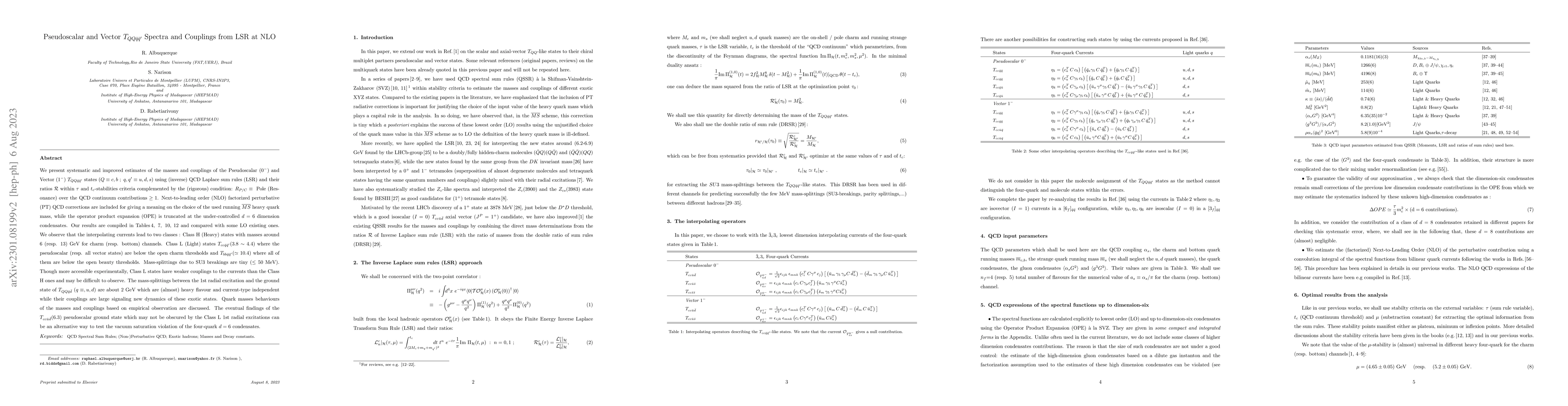 Thumbnail for Pseudoscalar and Vector $T_{QQ\bar q\bar q'}$ Spectra and Couplings from
  LSR at NLO