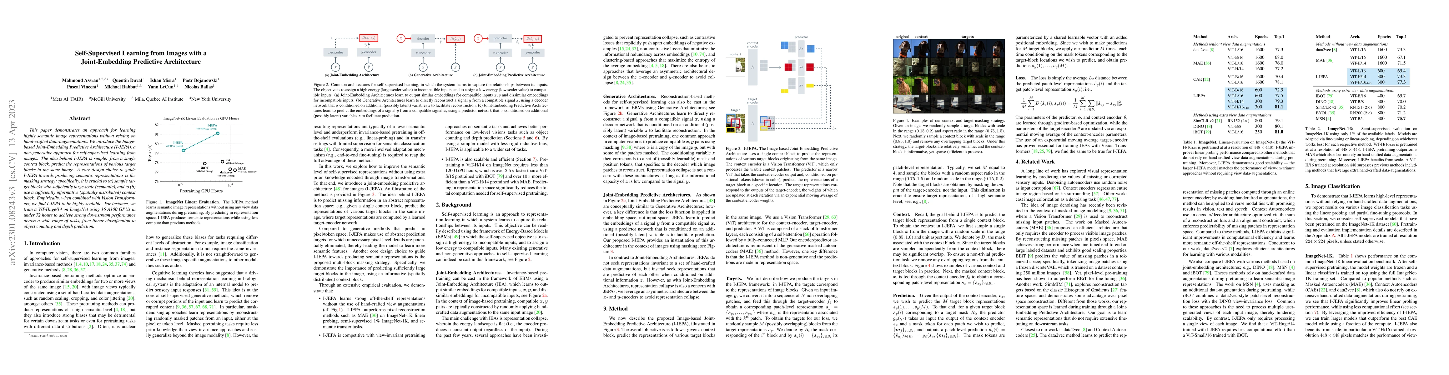 Thumbnail for Self-Supervised Learning from Images with a Joint-Embedding Predictive
  Architecture