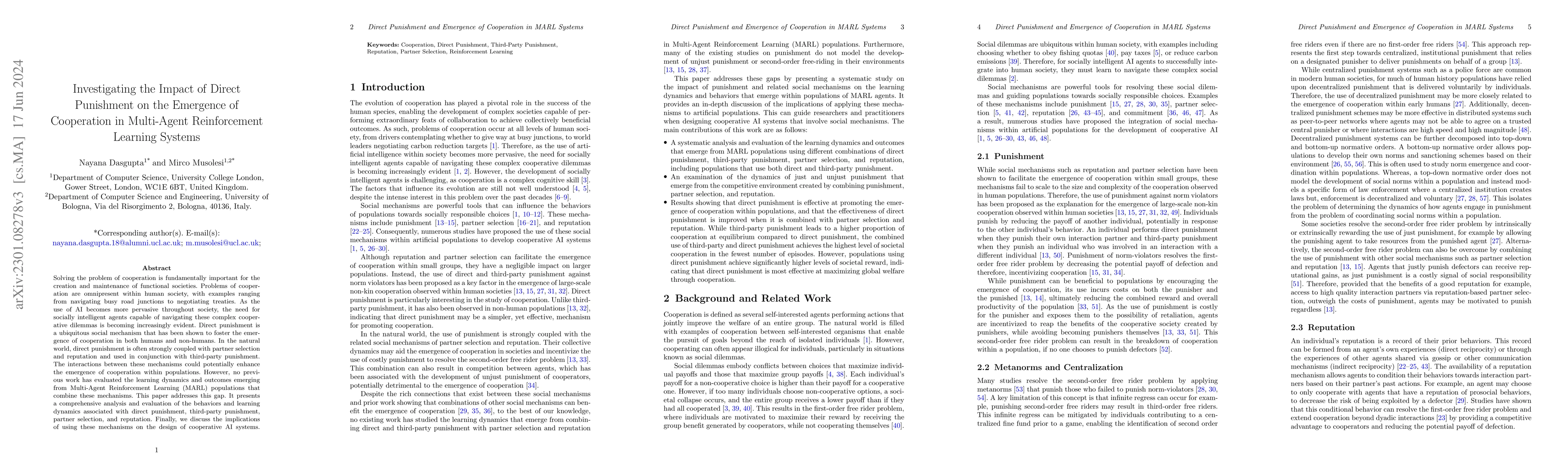 Thumbnail for Investigating the Impact of Direct Punishment on the Emergence of
  Cooperation in Multi-Agent Reinforcement Learning Systems