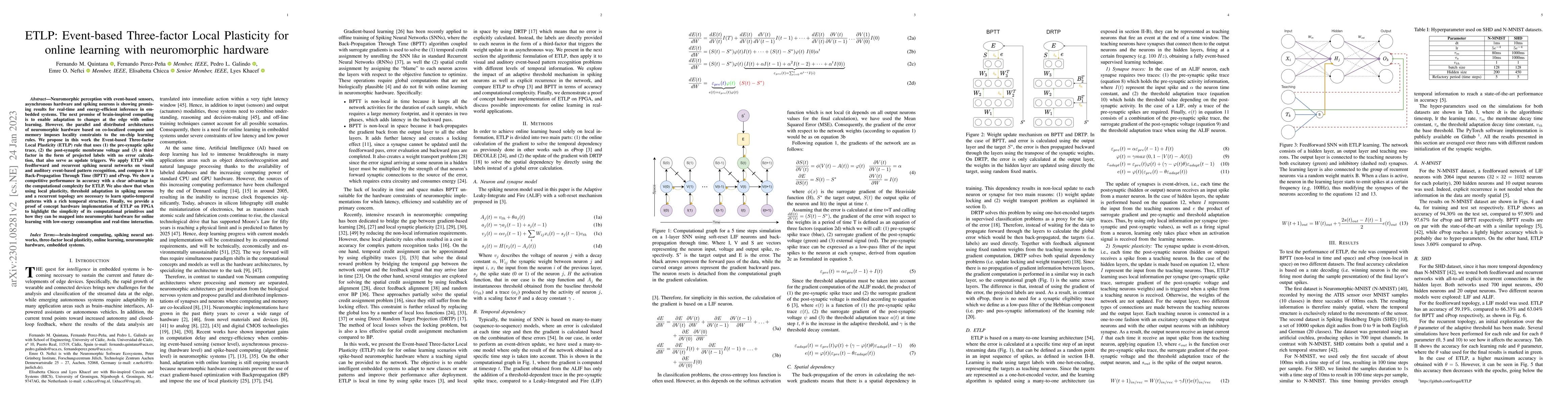 Thumbnail for ETLP: Event-based Three-factor Local Plasticity for online learning with
  neuromorphic hardware