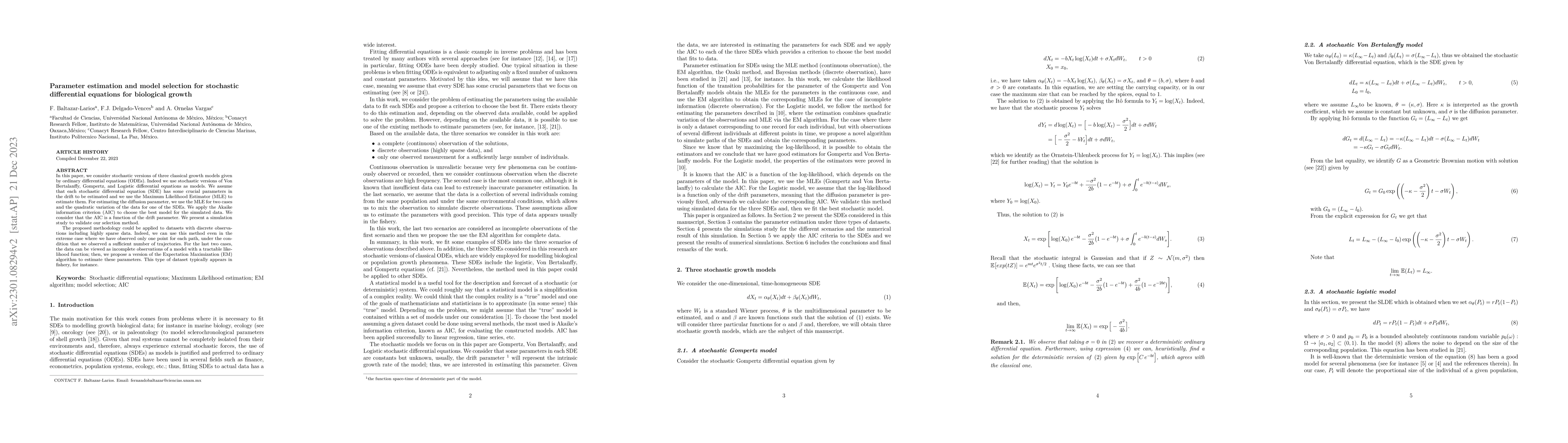 Thumbnail for Parameter estimation and model selection for stochastic differential
  equations for biological growth