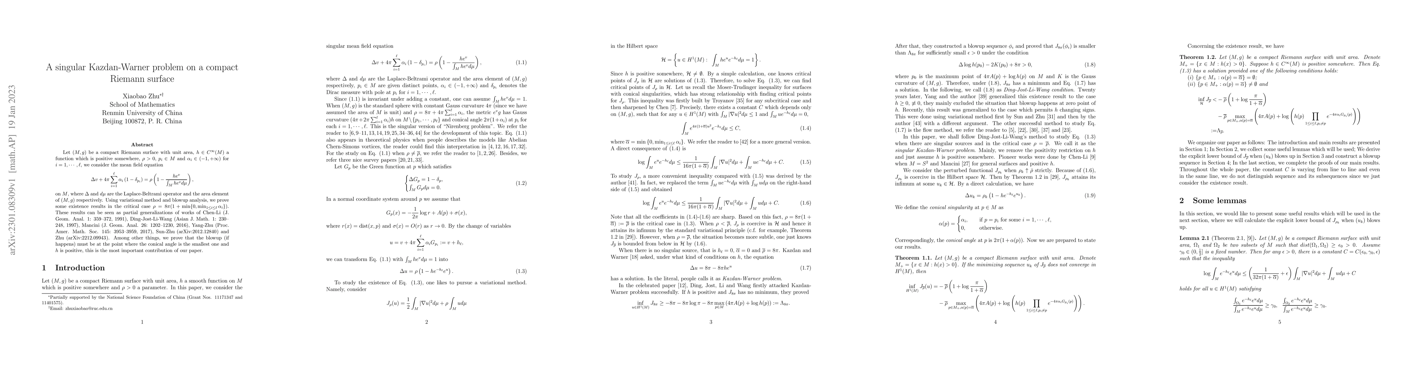 Thumbnail for A singular Kazdan-Warner problem on a compact Riemann surface