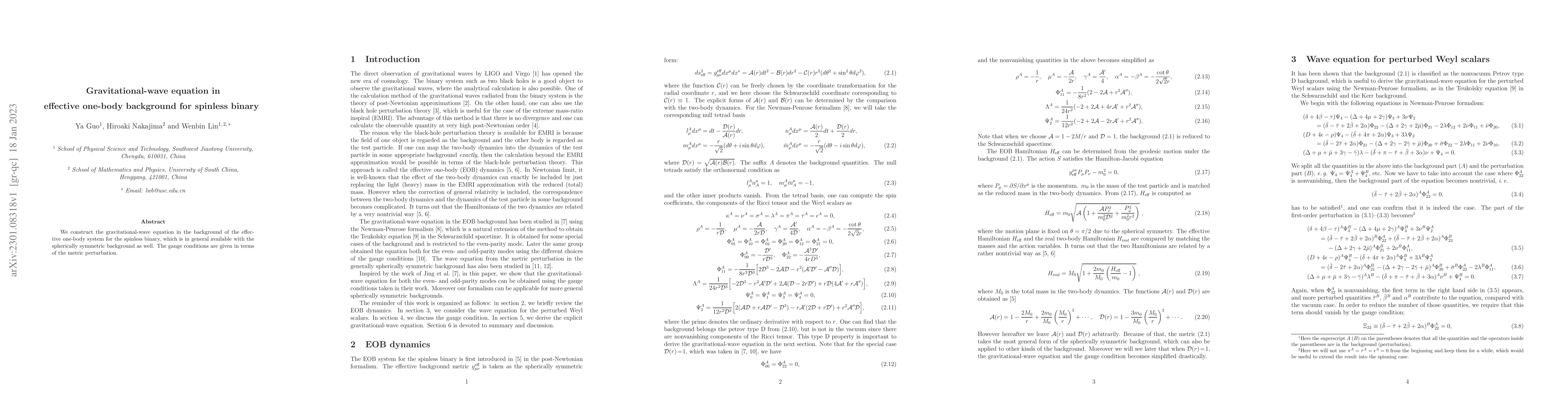 Thumbnail for Gravitational-wave equation in effective one-body background for
  spinless binary