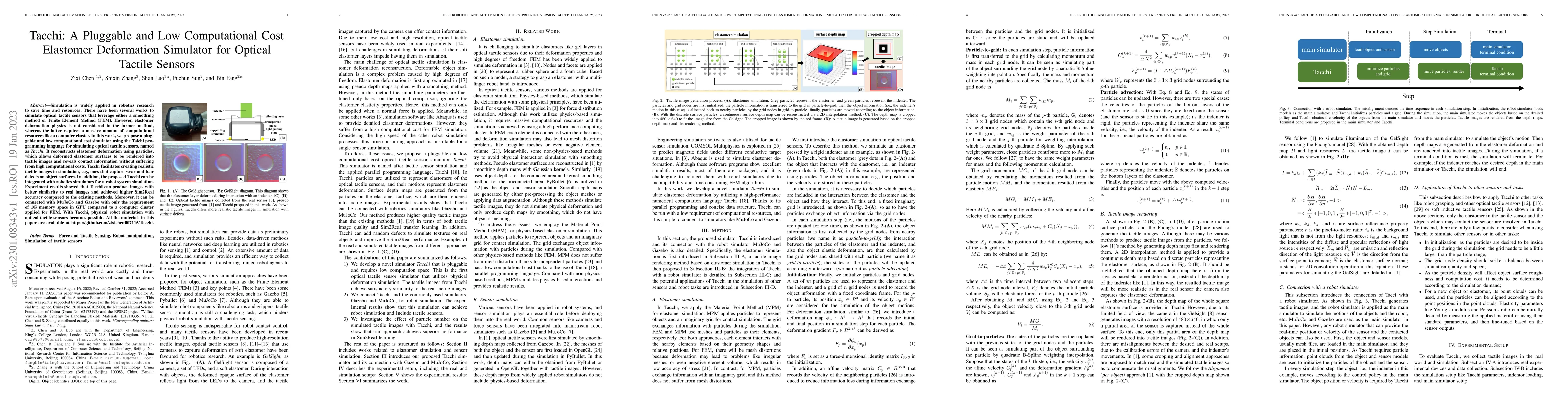Thumbnail for Tacchi: A Pluggable and Low Computational Cost Elastomer Deformation
  Simulator for Optical Tactile Sensors