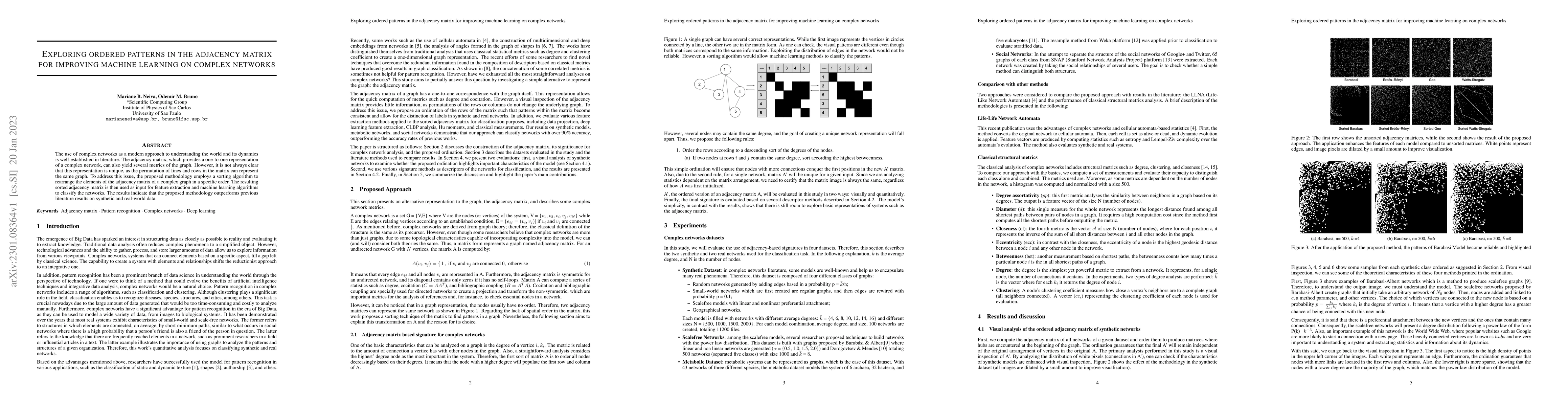 Thumbnail for Exploring ordered patterns in the adjacency matrix for improving machine
  learning on complex networks