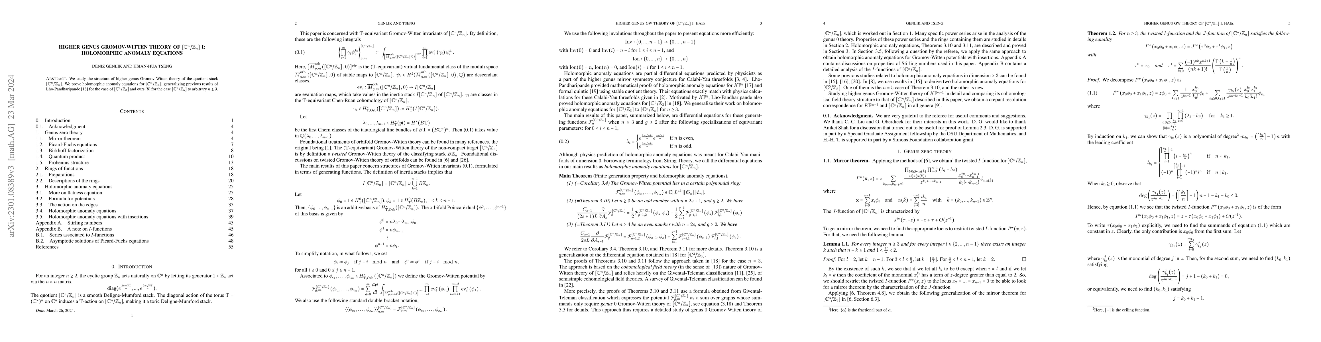 Thumbnail for Higher Genus Gromov-Witten Theory of C^n/Z_n I: Holomorphic Anomaly
  Equations