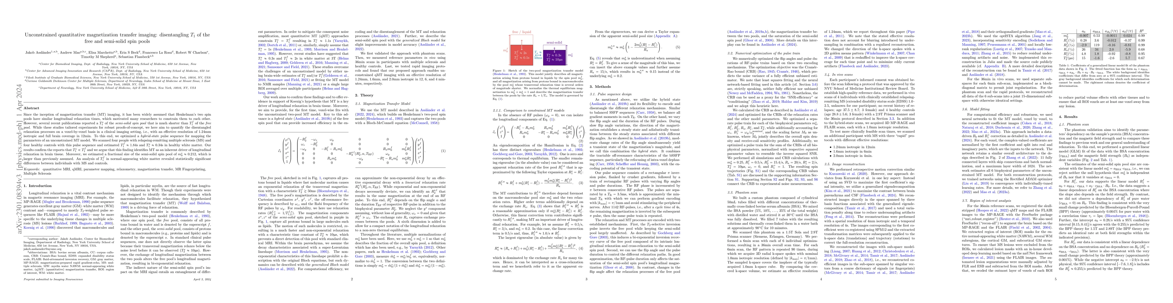 Thumbnail for Unconstrained quantitative magnetization transfer imaging: disentangling
  T1 of the free and semi-solid spin pools