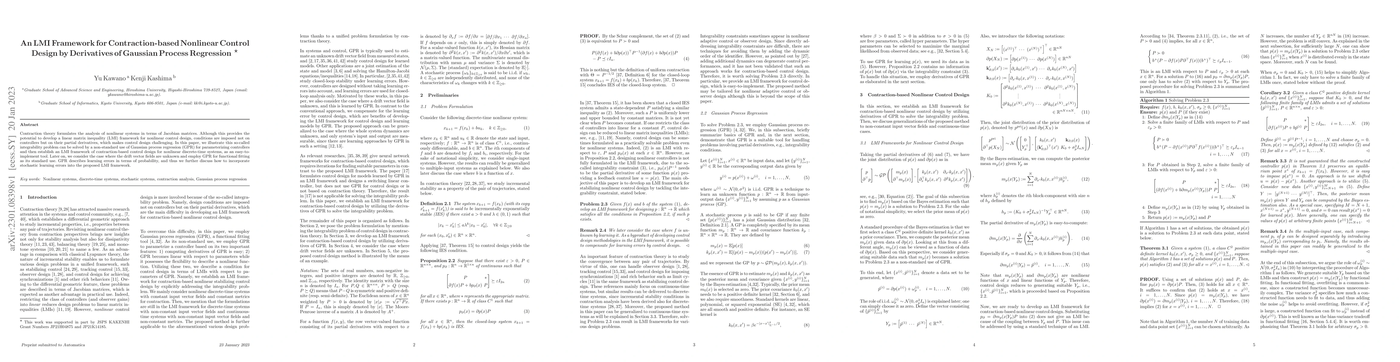 Thumbnail for An LMI Framework for Contraction-based Nonlinear Control Design by
  Derivatives of Gaussian Process Regression