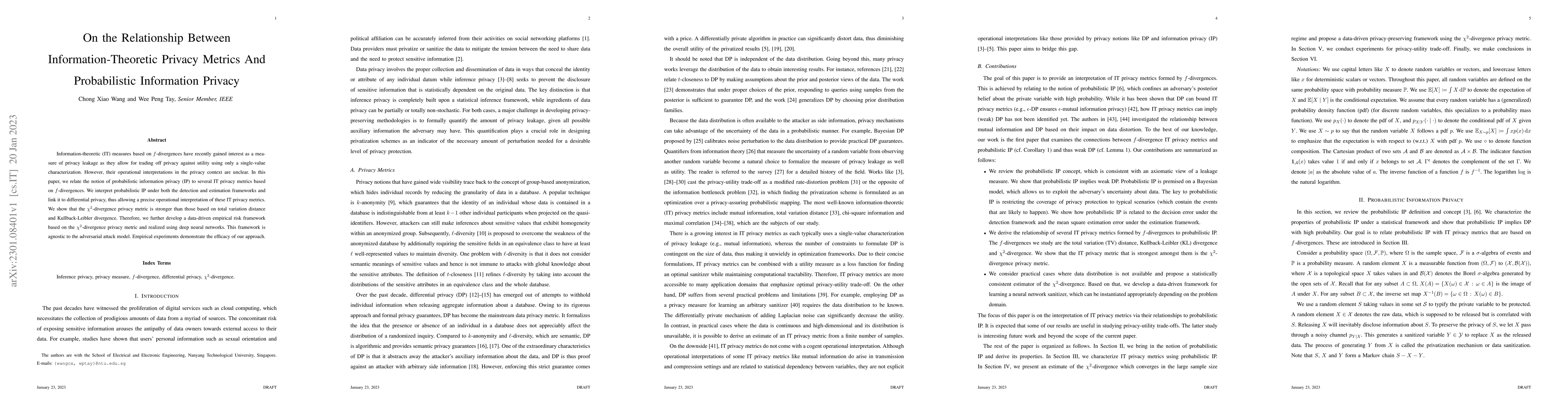 Thumbnail for On the Relationship Between Information-Theoretic Privacy Metrics And
  Probabilistic Information Privacy