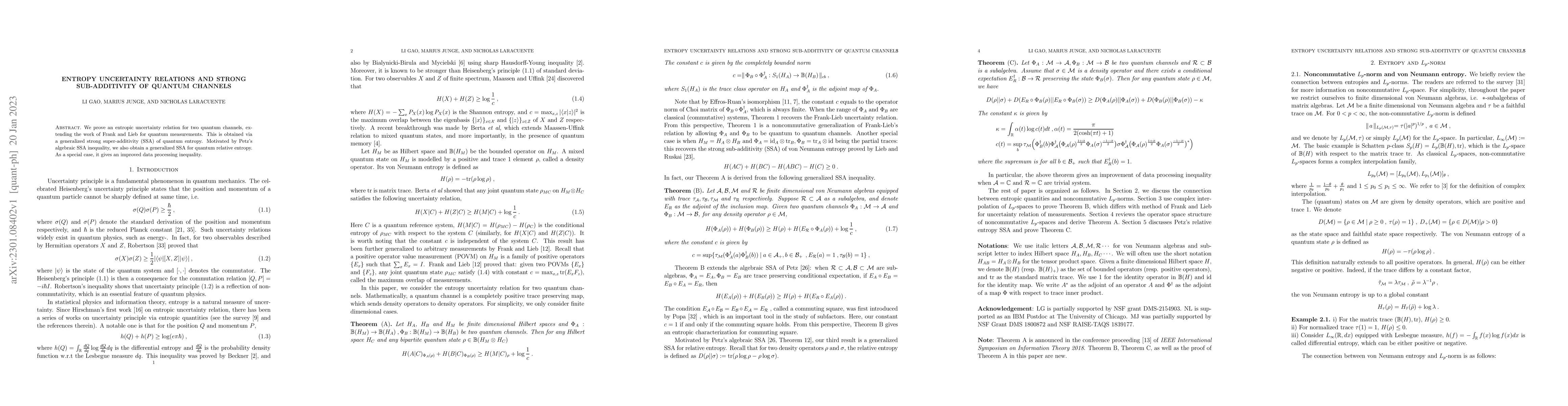 Thumbnail for Entropy Uncertainty Relations and Strong Sub-additivity of Quantum
  Channels