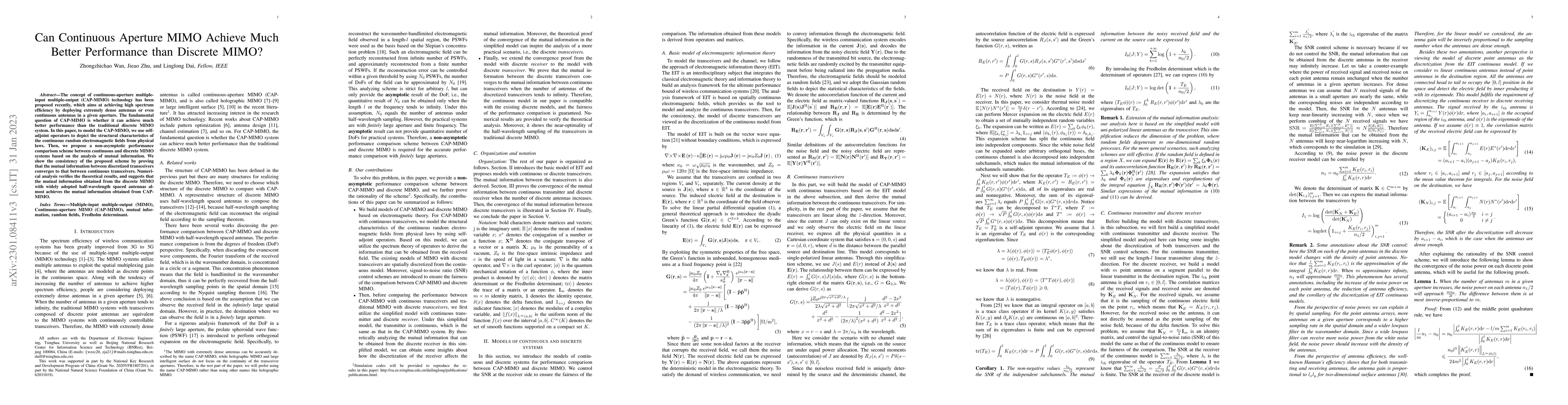 Thumbnail for Can Continuous Aperture MIMO Achieve Much Better Performance than
  Discrete MIMO?