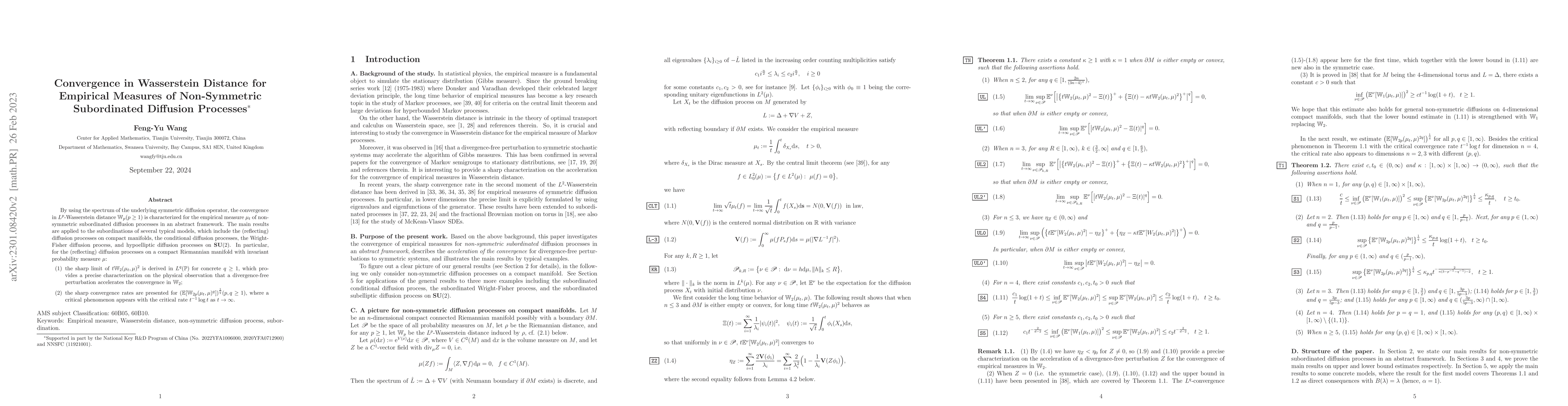 Thumbnail for Convergence in Wasserstein Distance for Empirical Measures of
  Non-Symmetric Subordinated Diffusion Processes