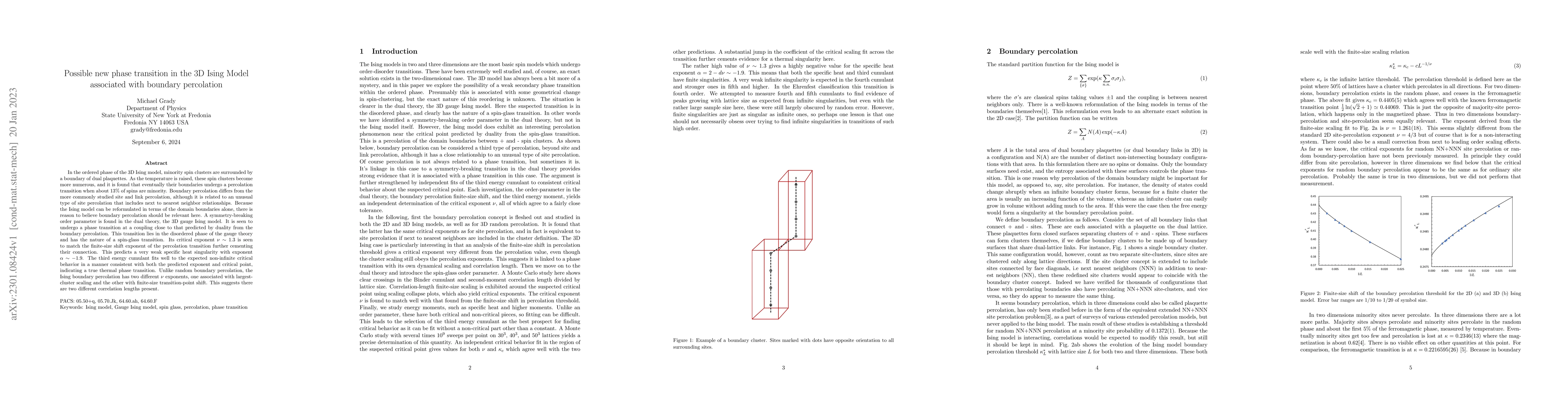 Thumbnail for Possible new phase transition in the 3D Ising Model associated with
  boundary percolation