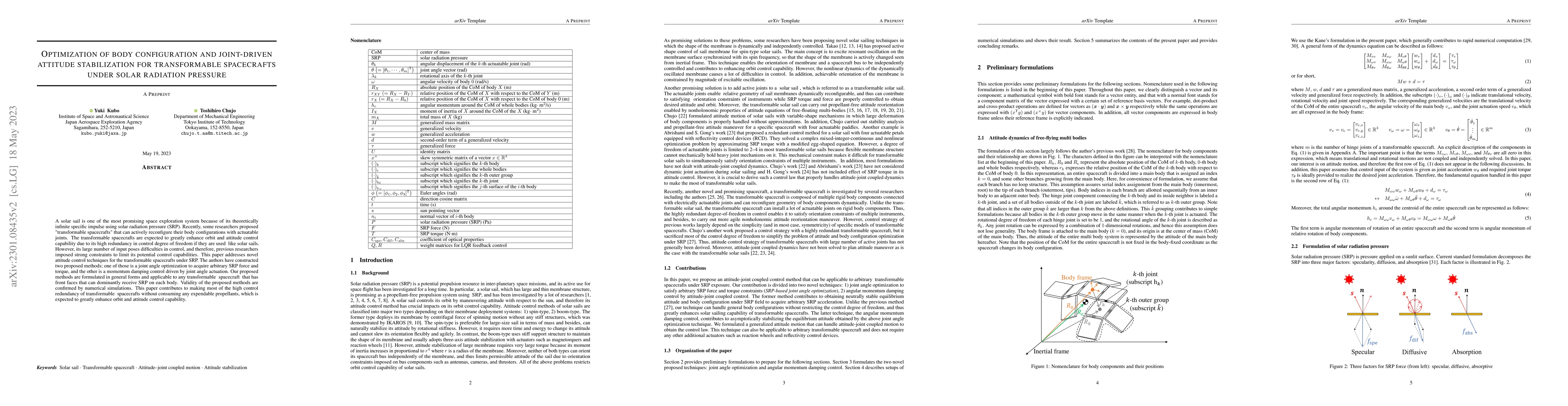 Thumbnail for Optimization of body configuration and joint-driven attitude
  stabilization for transformable spacecrafts under solar radiation pressure