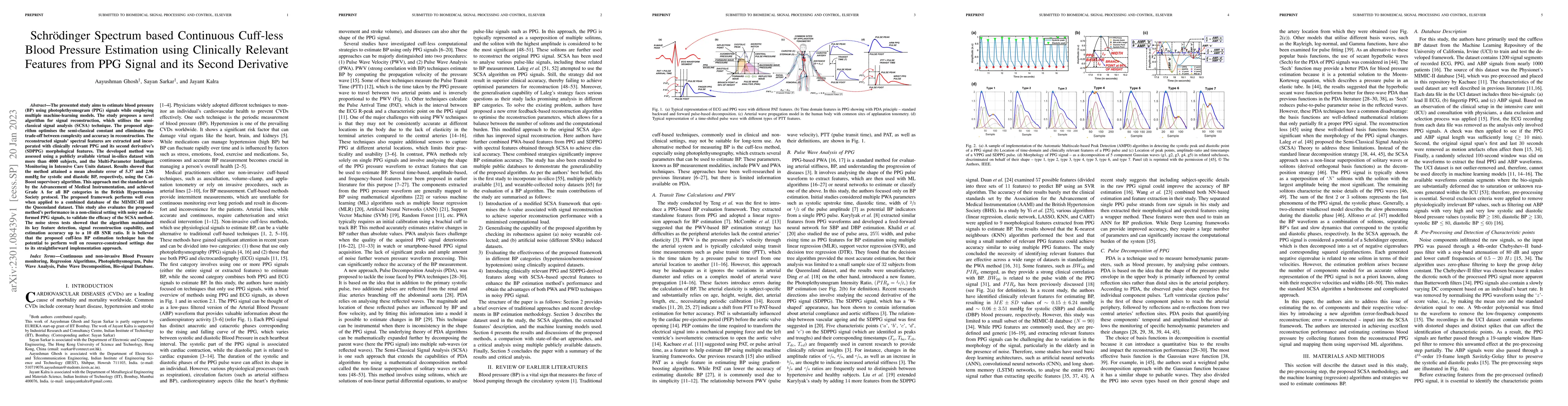 Thumbnail for Schr\"odinger Spectrum based Continuous Cuff-less Blood Pressure
  Estimation using Clinically Relevant Features from PPG Signal and its Second
  Derivative