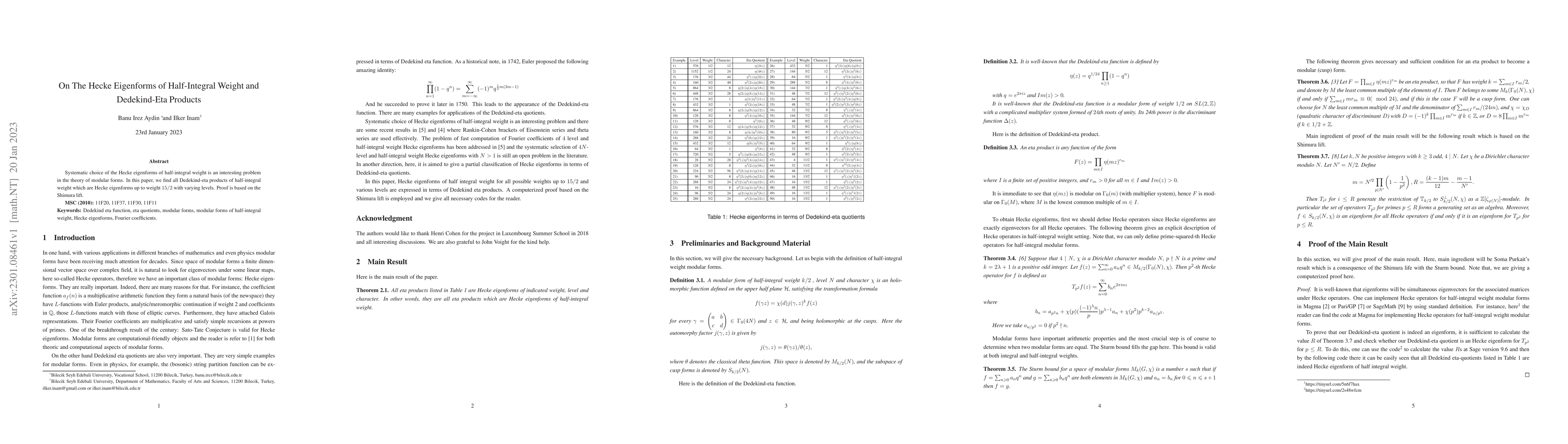 Thumbnail for On The Hecke Eigenforms of Half-Integral Weight and Dedekind-Eta
  Products