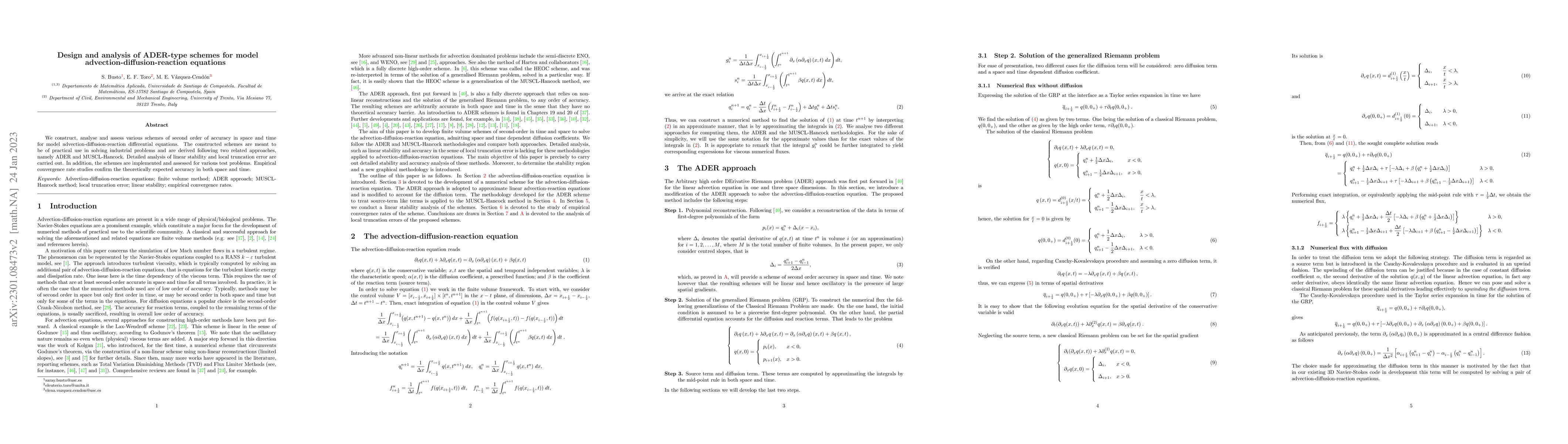 Thumbnail for Design and analysis of ADER-type schemes for model
  advection-diffusion-reaction equations