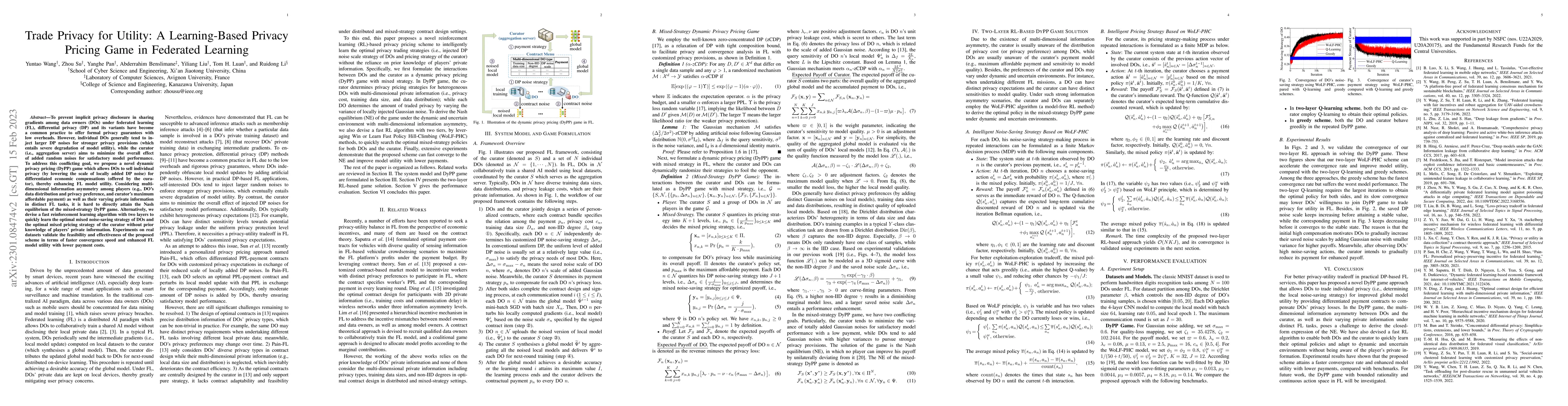 Thumbnail for Trade Privacy for Utility: A Learning-Based Privacy Pricing Game in
  Federated Learning