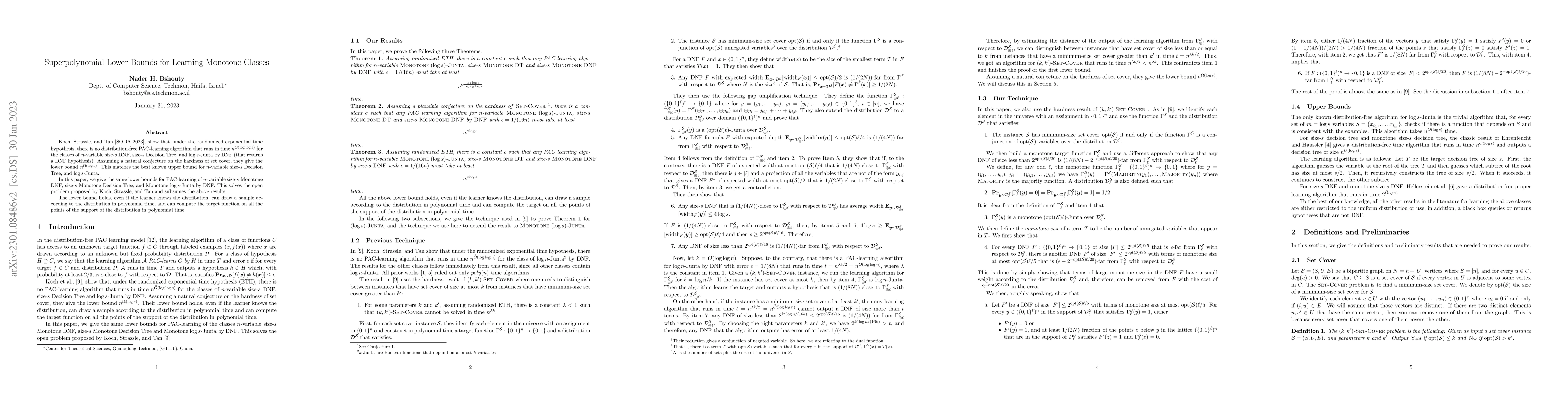 Thumbnail for Superpolynomial Lower Bounds for Learning Monotone Classes