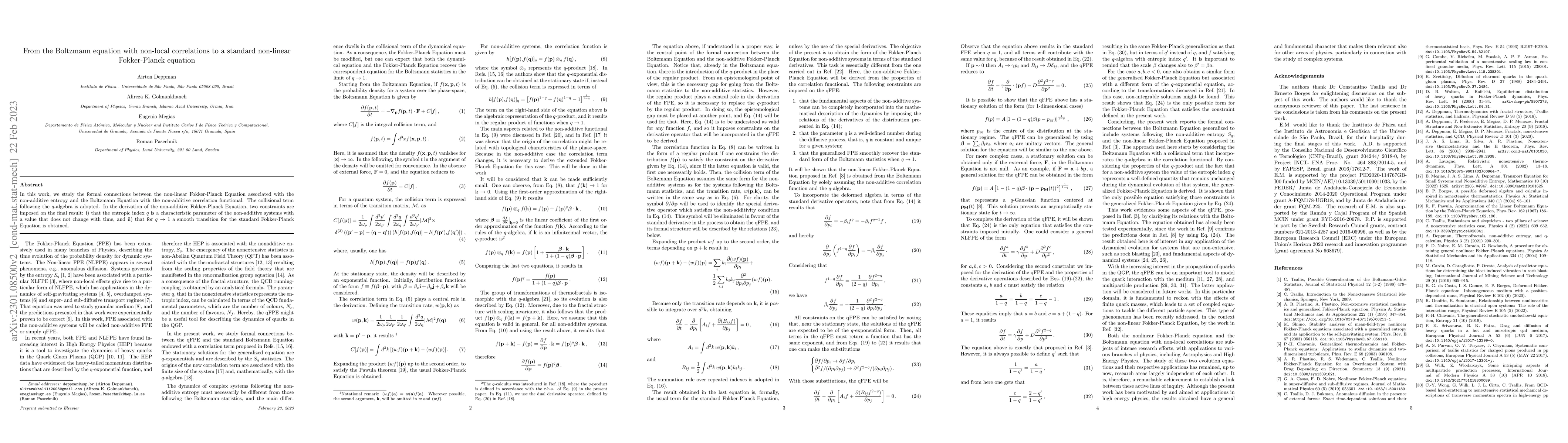 Thumbnail for From the Boltzmann equation with non-local correlations to a standard
  non-linear Fokker-Planck equation