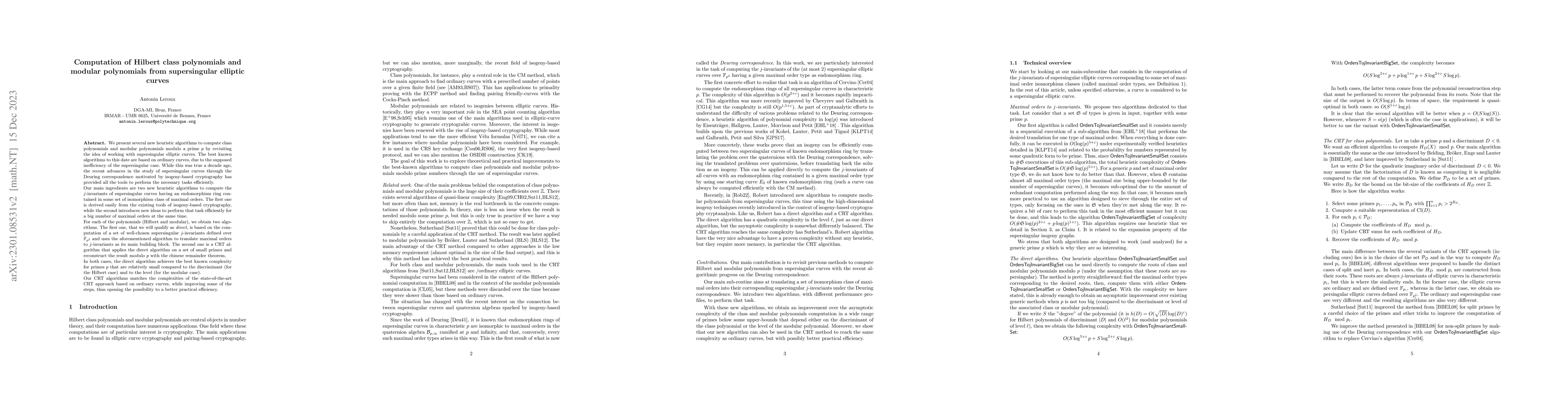 Thumbnail for Computation of Hilbert class polynomials and modular polynomials from
  supersingular elliptic curves