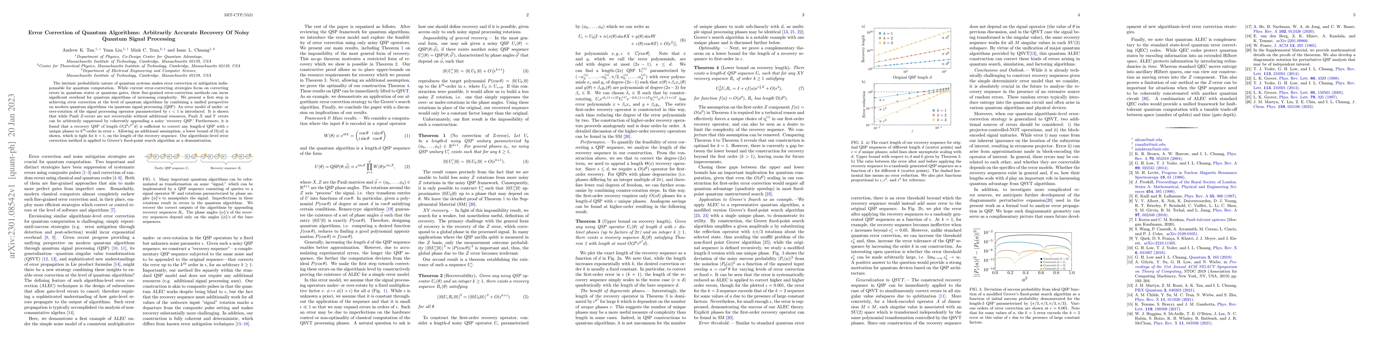 Thumbnail for Error Correction of Quantum Algorithms: Arbitrarily Accurate Recovery Of
  Noisy Quantum Signal Processing