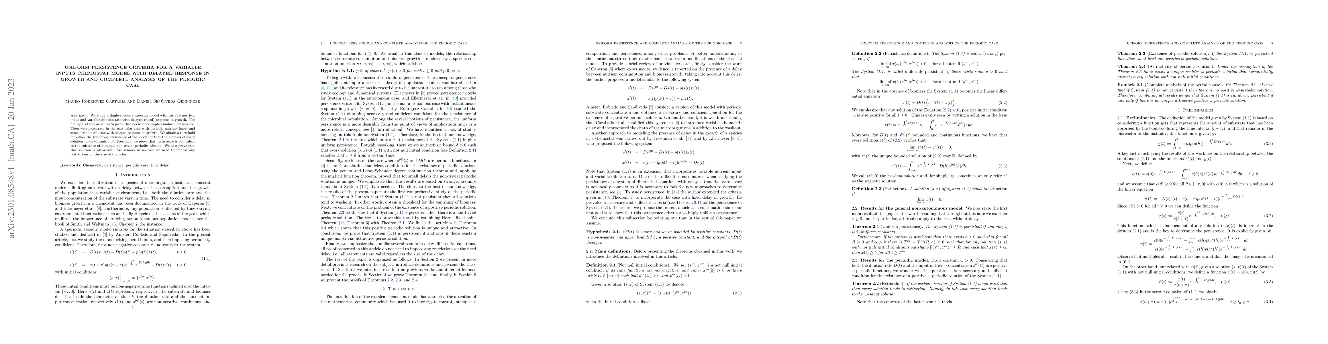 Thumbnail for Uniform persistence criteria for a variable inputs chemostat model with
  delayed response in growth and complete analysis of the periodic case
