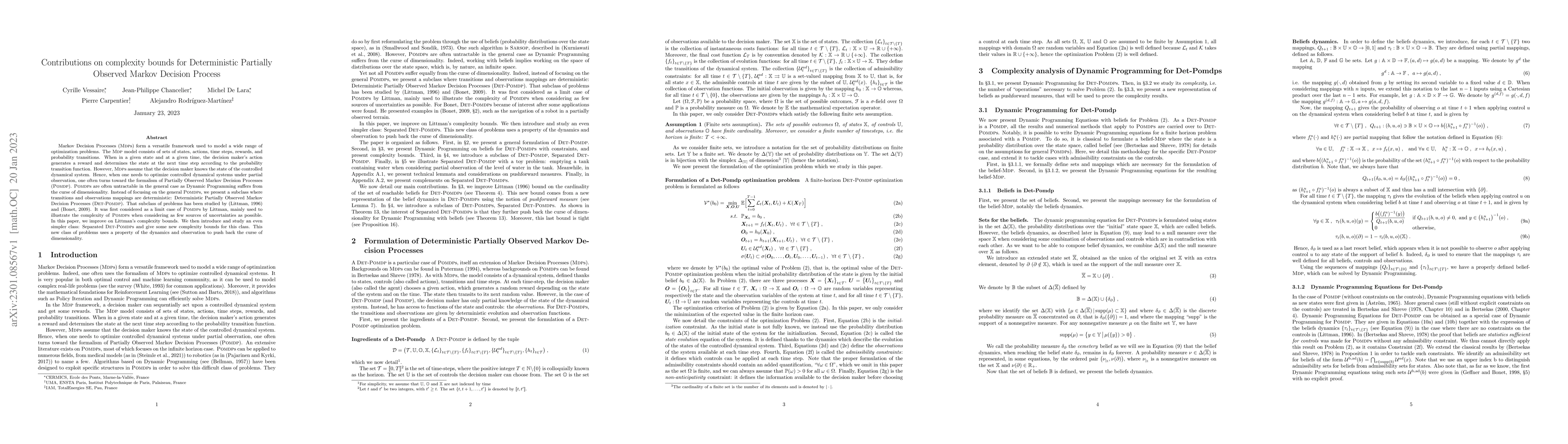 Thumbnail for Contributions on complexity bounds for Deterministic Partially Observed
  Markov Decision Process