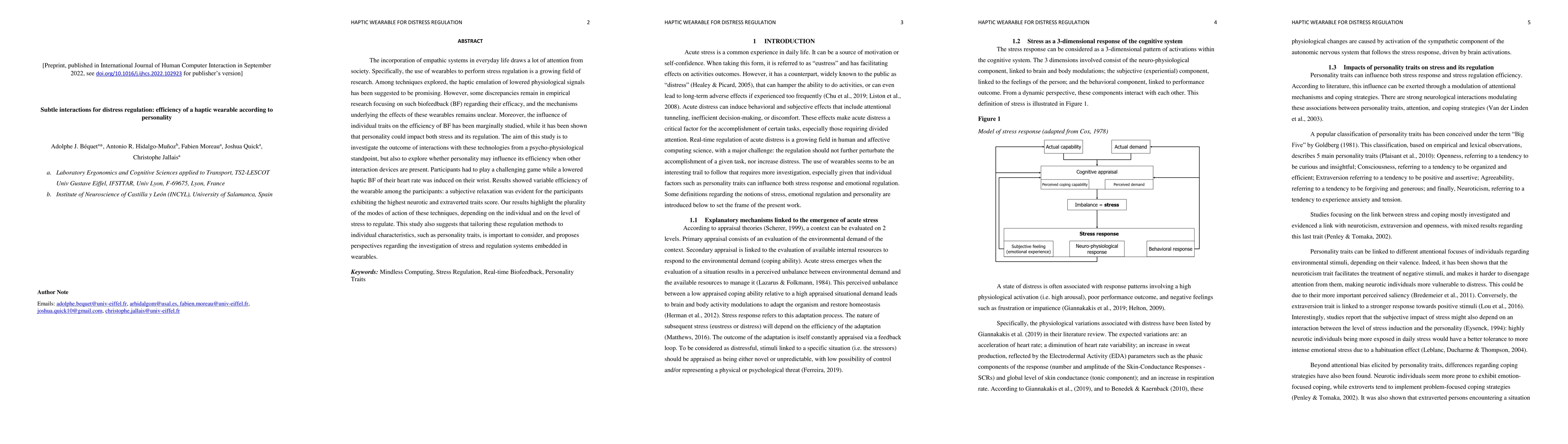 Thumbnail for Subtle interactions for distress regulation: efficiency of a haptic
  wearable according to personality