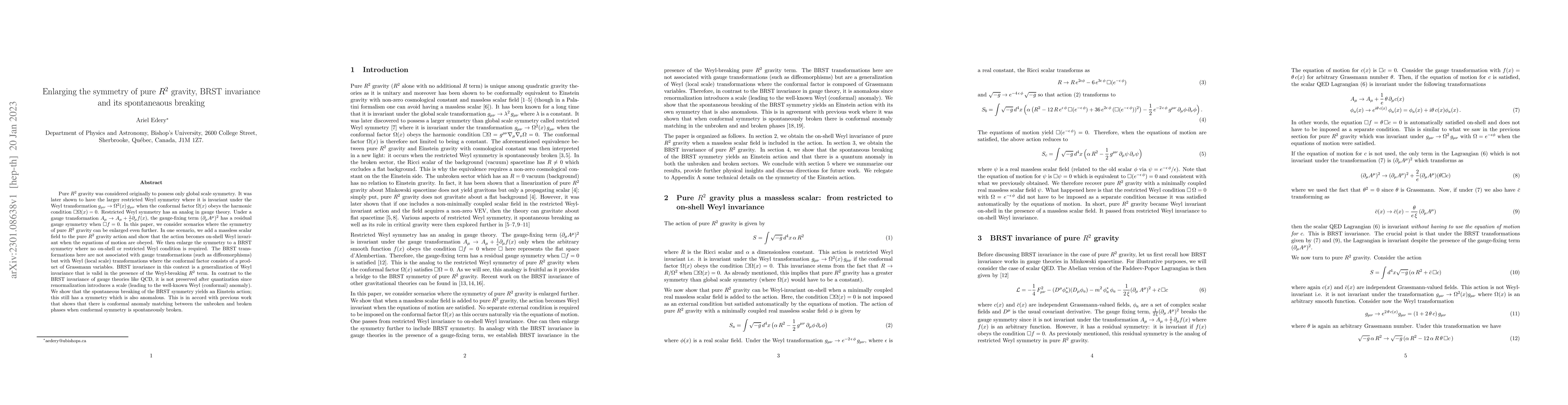 Thumbnail for Enlarging the symmetry of pure $R^2$ gravity, BRST invariance and its
  spontaneous breaking