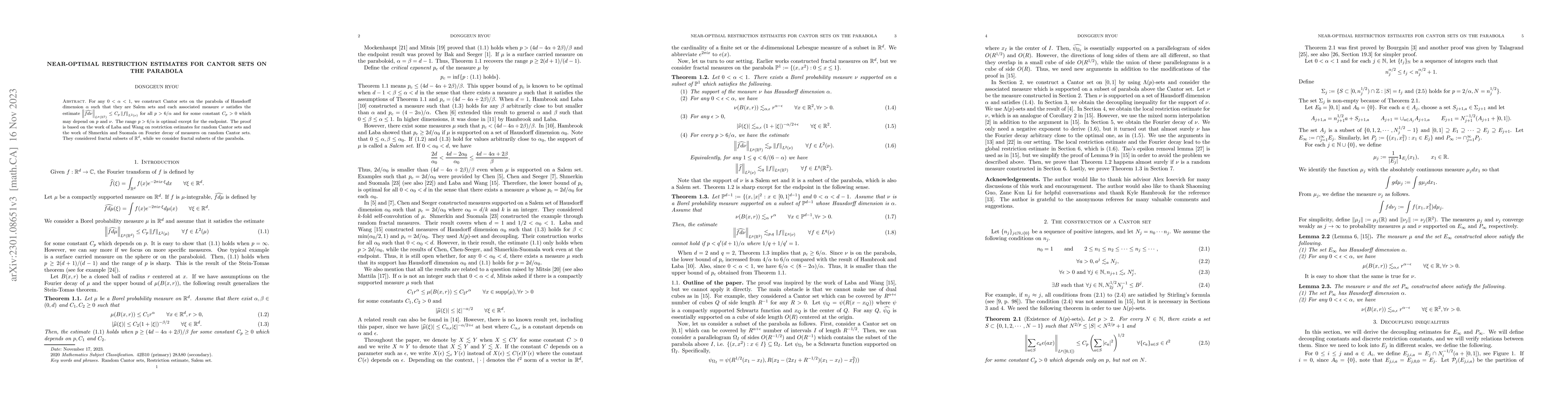 Thumbnail for Near-optimal restriction estimates for Cantor sets on the parabola