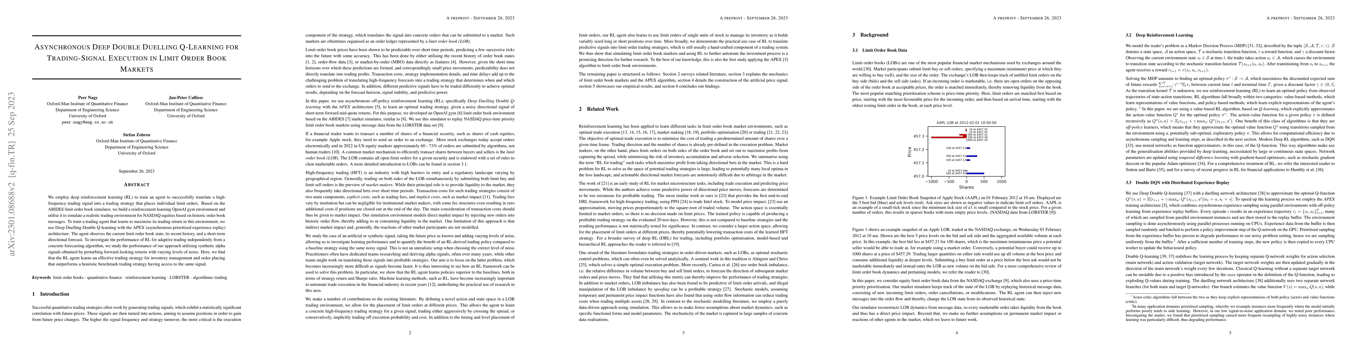 Thumbnail for Asynchronous Deep Double Duelling Q-Learning for Trading-Signal
  Execution in Limit Order Book Markets
