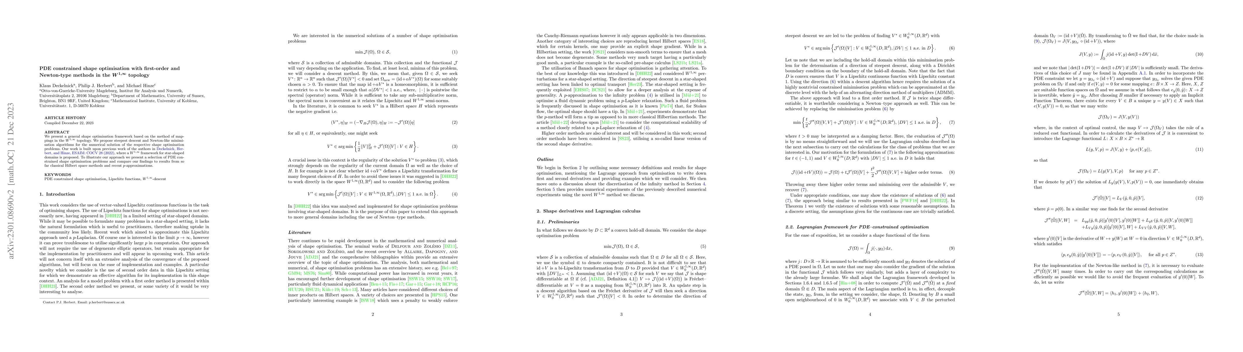 Thumbnail for PDE constrained shape optimisation with first-order and Newton-type
  methods in the $W^{1,\infty}$ topology