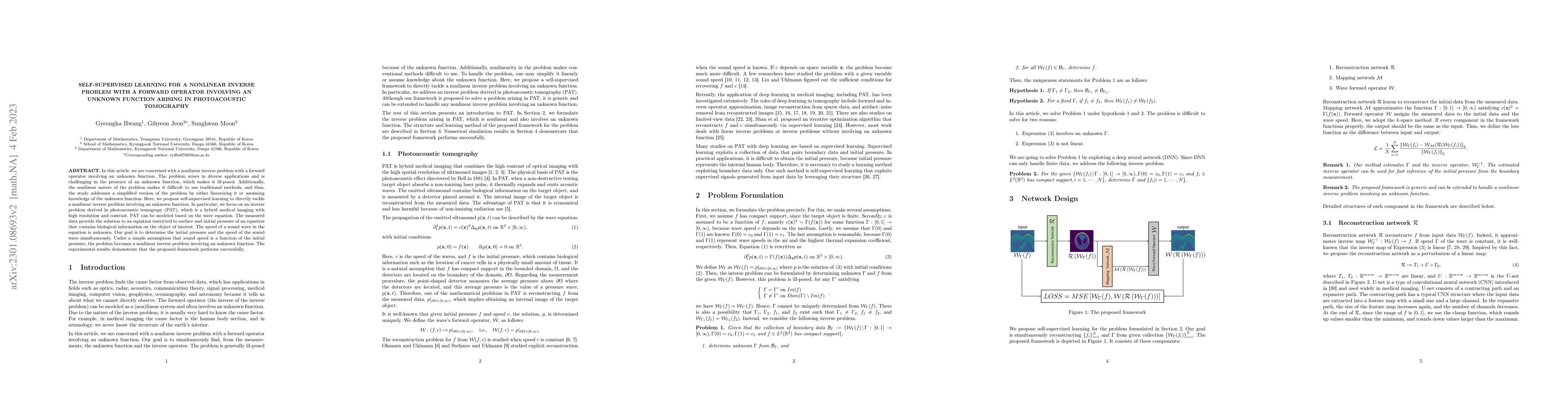 Thumbnail for Self-supervised learning for a nonlinear inverse problem with forward
  operator involving an unknown function arising in photoacoustic tomography