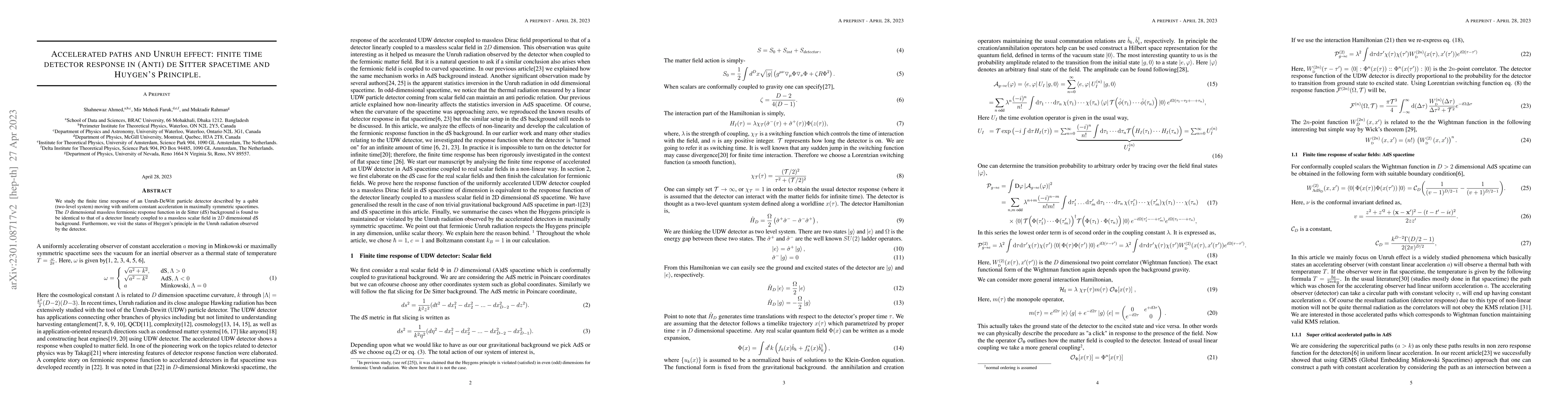 Thumbnail for Accelerated paths and Unruh effect II: finite time detector response in
  (Anti) de Sitter spacetime and Huygen's Principle
