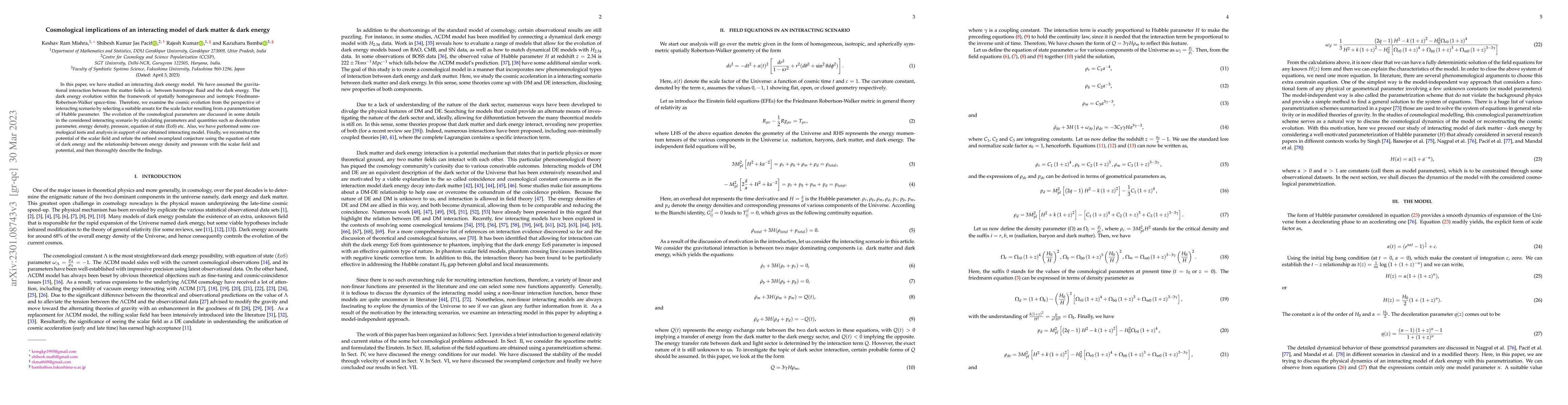 Thumbnail for Cosmological implications of an interacting model of dark matter \& dark
  energy