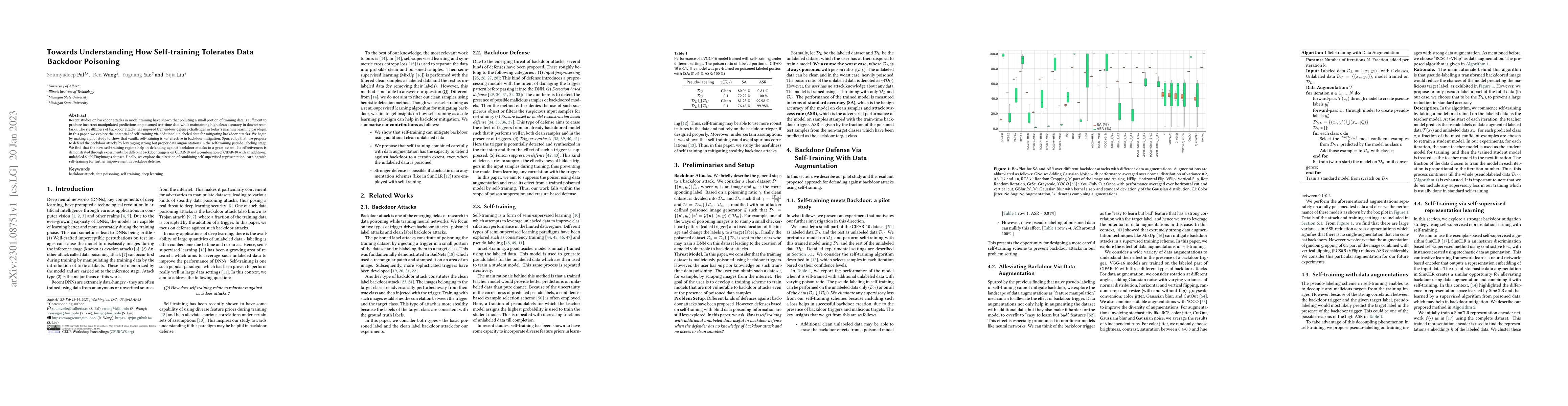 Thumbnail for Towards Understanding How Self-training Tolerates Data Backdoor
  Poisoning
