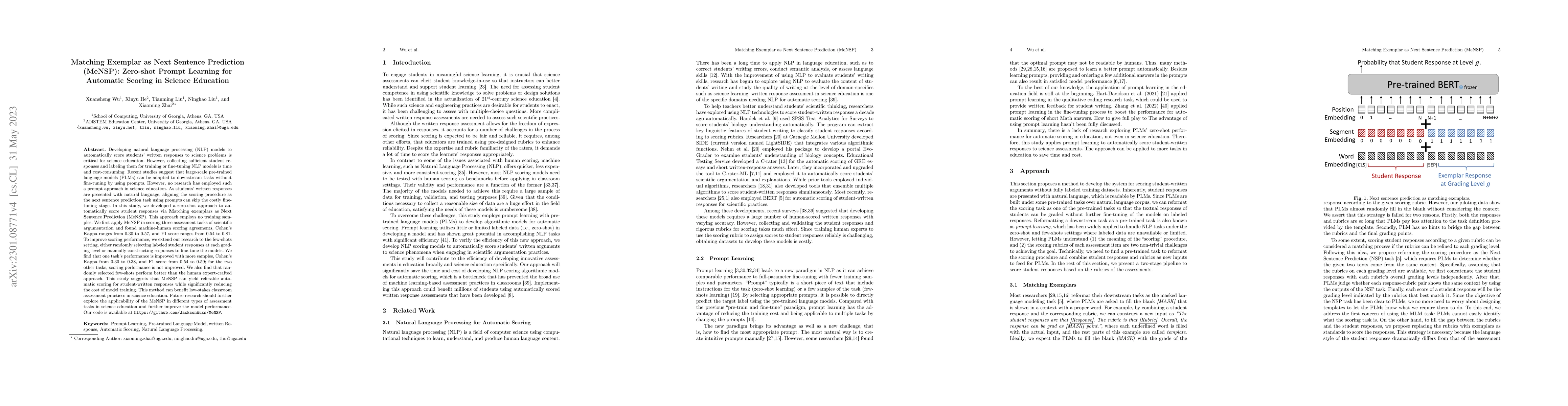 Thumbnail for Matching Exemplar as Next Sentence Prediction (MeNSP): Zero-shot Prompt
  Learning for Automatic Scoring in Science Education
